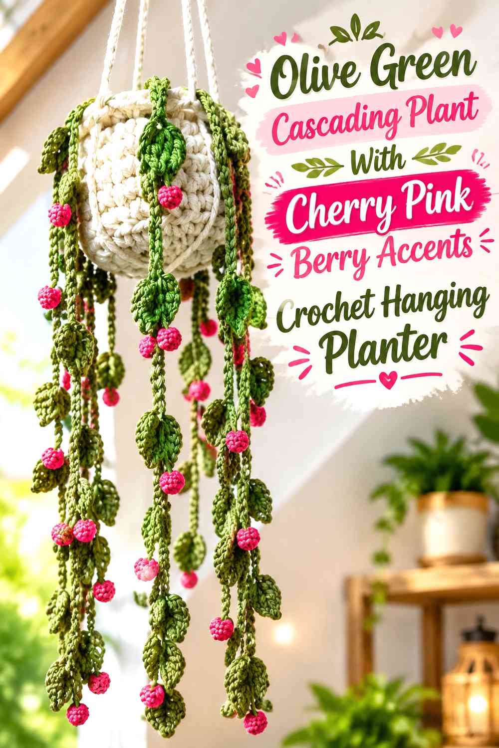 Olive Green Cascading Plant With Cherry Pink Berry Accents Crochet Hanging Planter