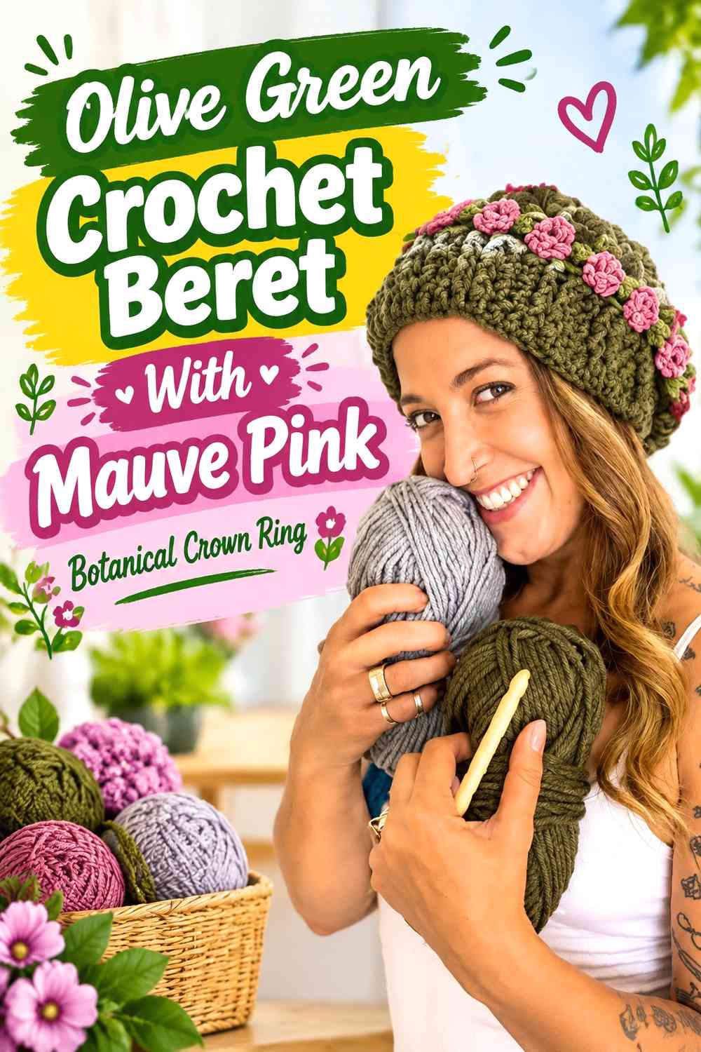 Olive Green Crochet Beret With Mauve Pink Botanical Crown Ring
