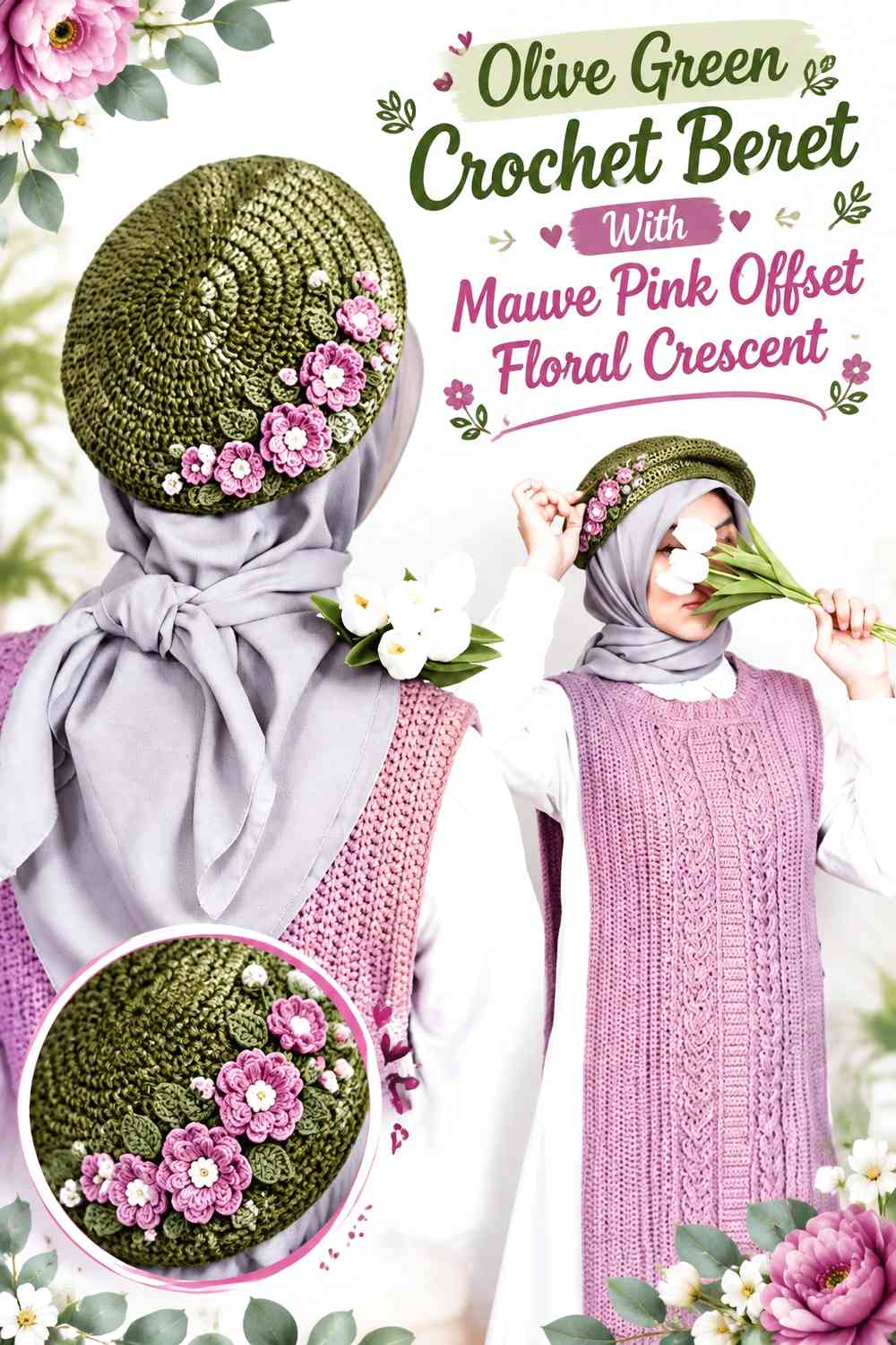 Olive Green Crochet Beret With Mauve Pink Offset Floral Crescent