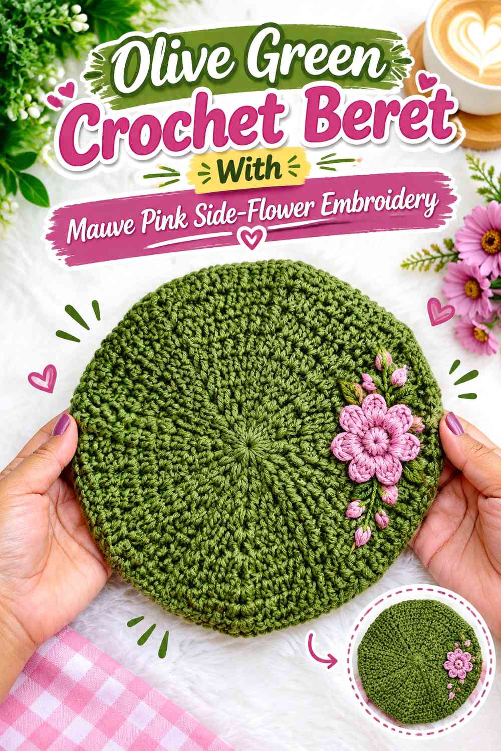 Olive Green Crochet Beret With Mauve Pink Side-Flower Embroidery