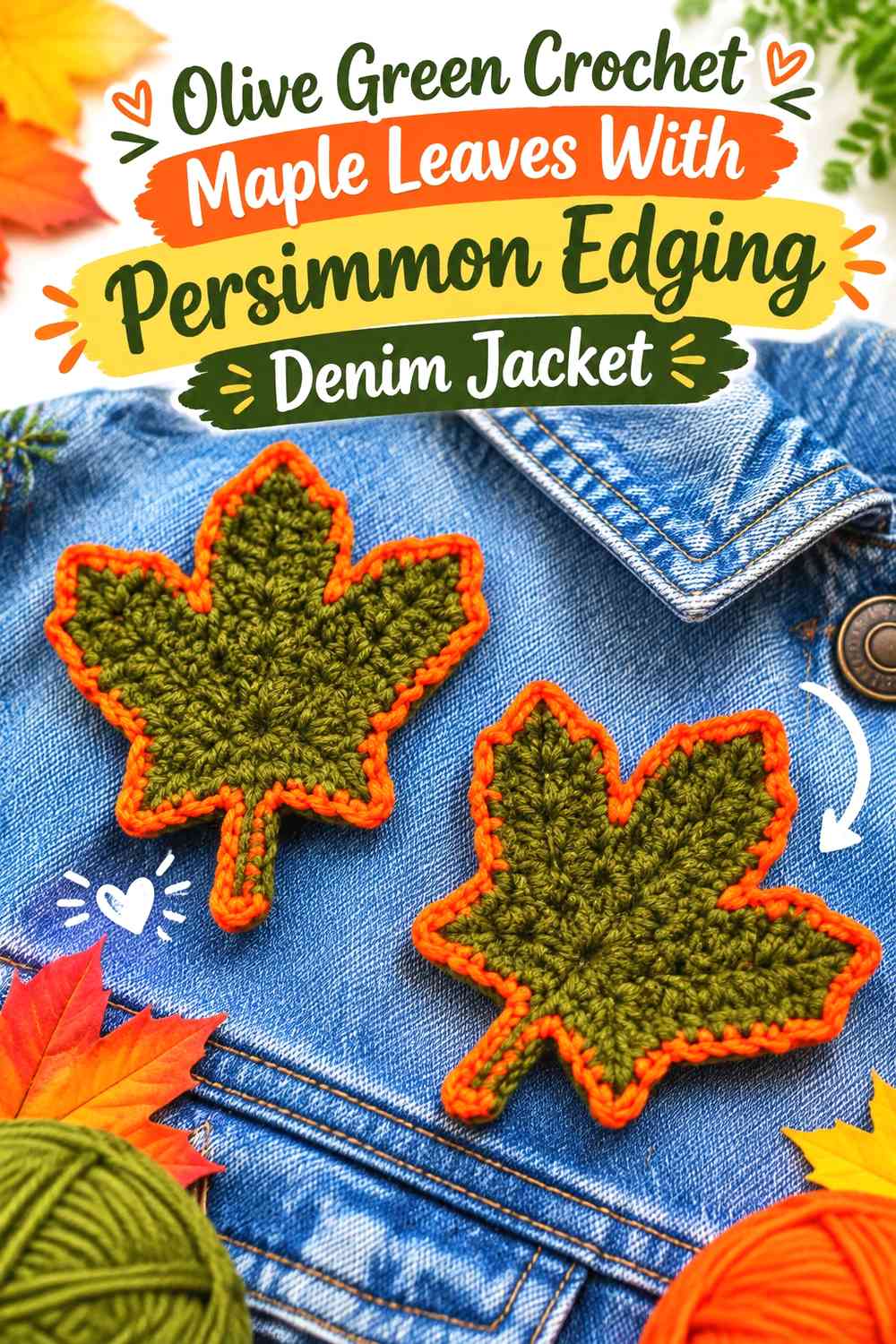 Olive Green Crochet Maple Leaves With Persimmon Edging Denim Jacket