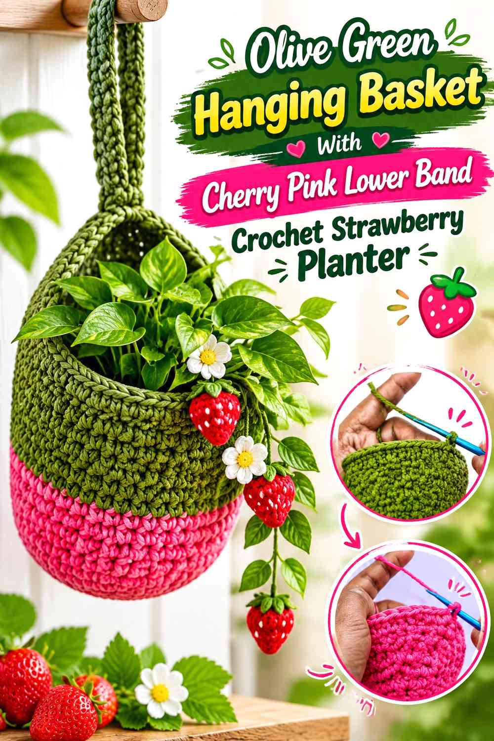 Olive Green Hanging Basket With Cherry Pink Lower Band Crochet Strawberry Planter