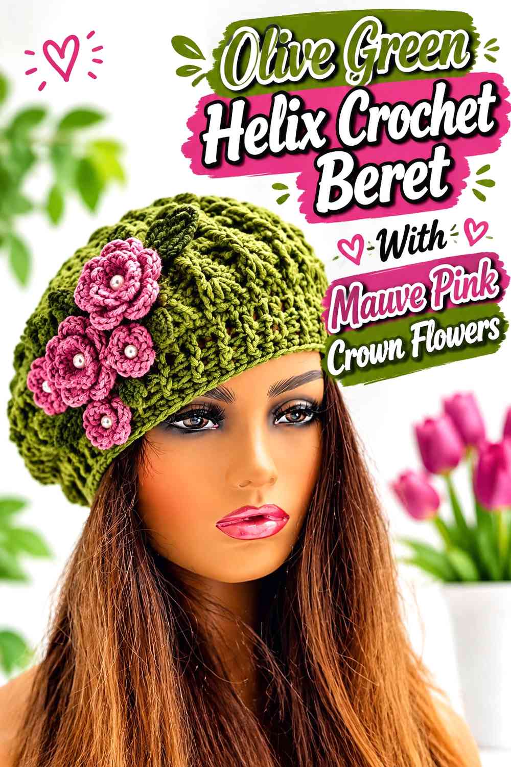 Olive Green Helix Crochet Beret With Mauve Pink Crown Flowers