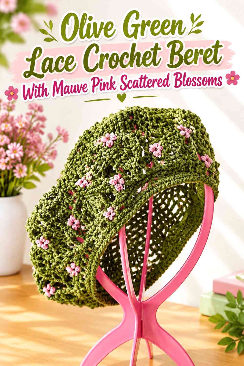 Olive Green Lace Crochet Beret With Mauve Pink Scattered Blossoms