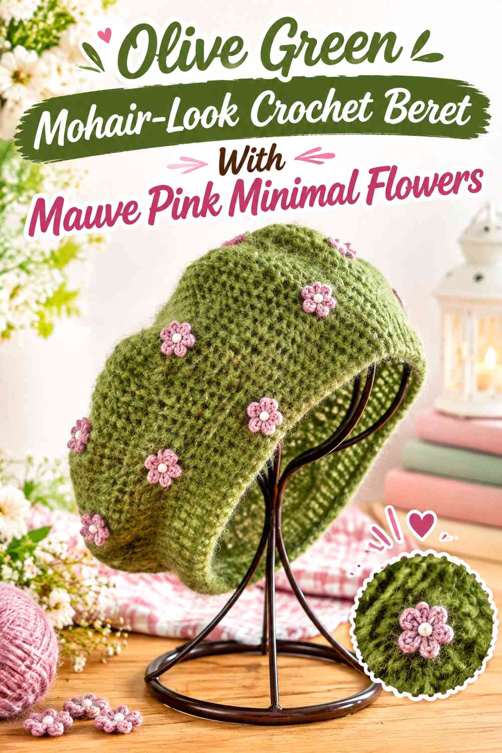 Olive Green Mohair-Look Crochet Beret With Mauve Pink Minimal Flowers