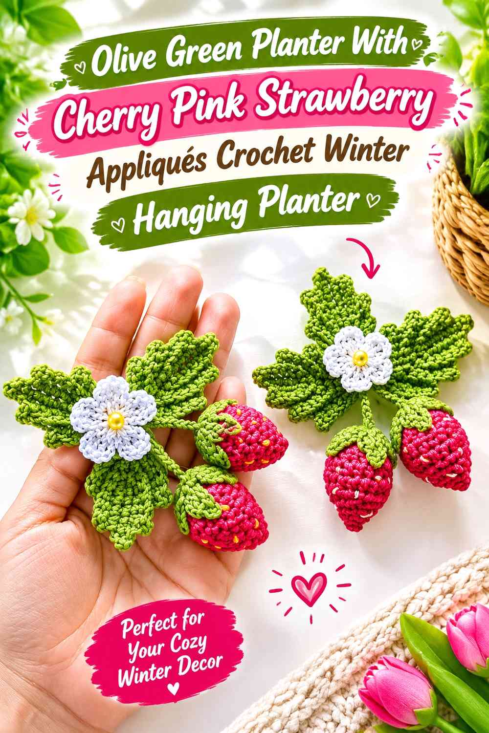 Olive Green Planter With Cherry Pink Strawberry Appliqués Crochet Winter Hanging Planter