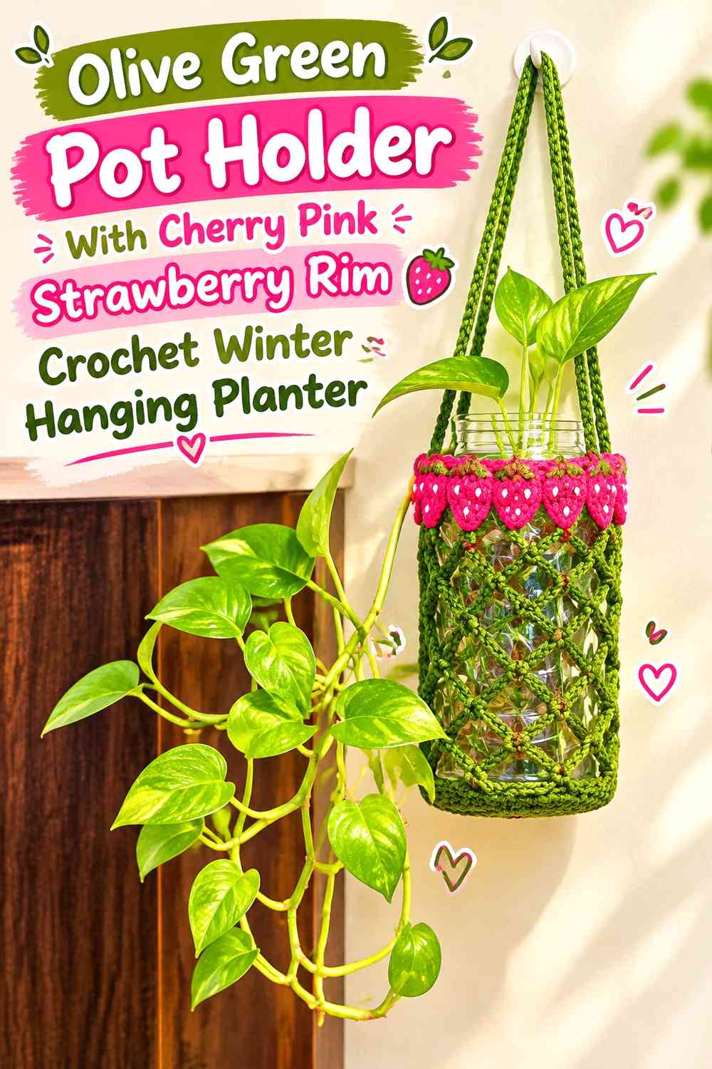 Olive Green Pot Holder With Cherry Pink Strawberry Rim Crochet Winter Hanging Planter
