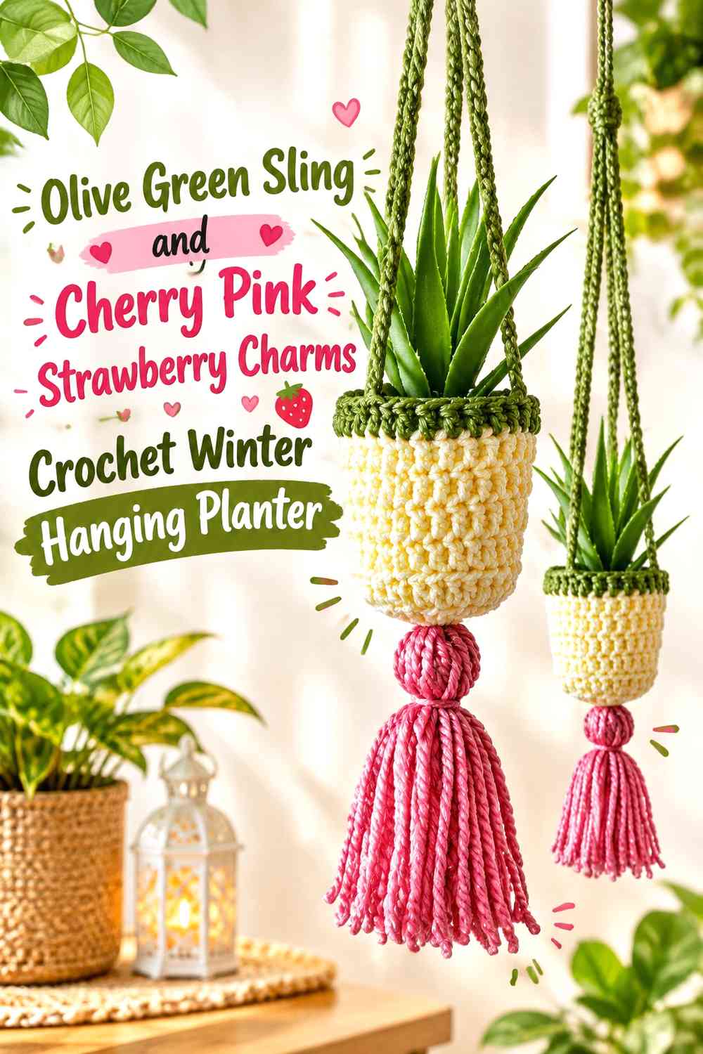 Olive Green Sling and Cherry Pink Strawberry Charms Crochet Winter Hanging Planter