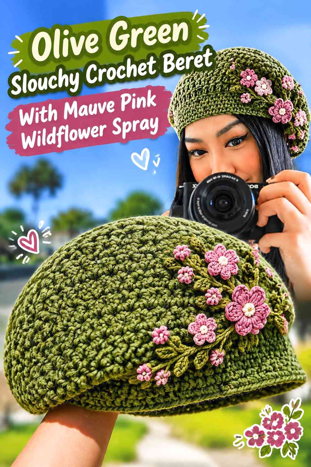 Olive Green Slouchy Crochet Beret With Mauve Pink Wildflower Spray