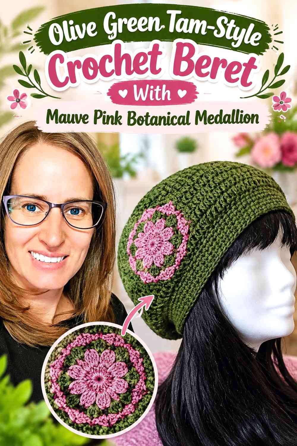 Olive Green Tam-Style Crochet Beret With Mauve Pink Botanical Medallion