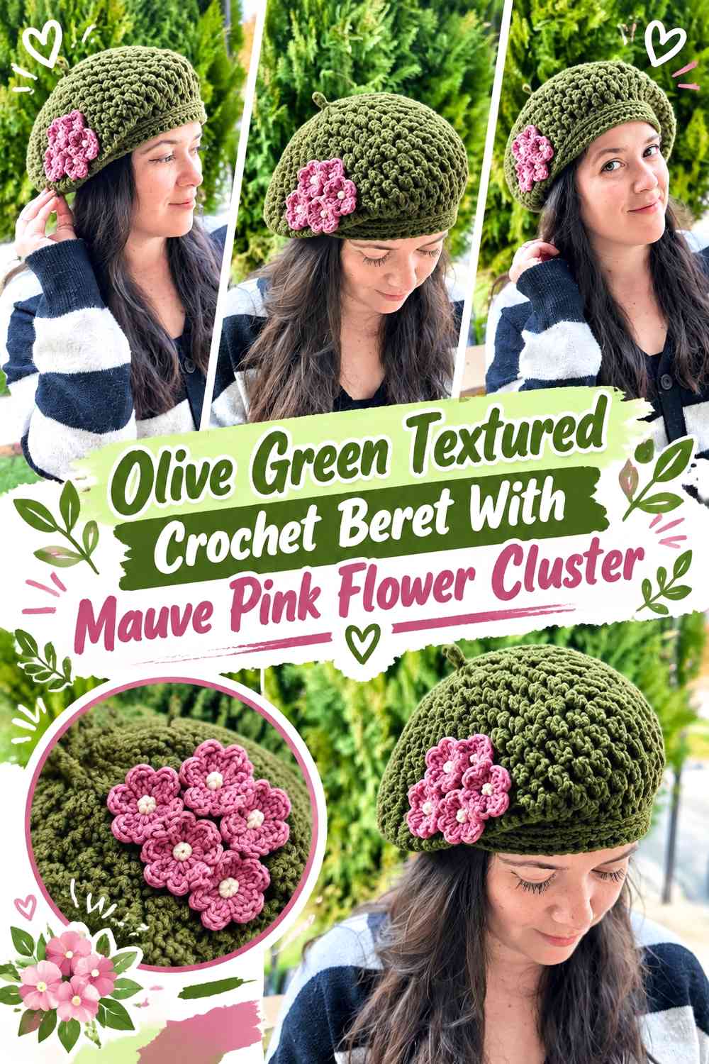 Olive Green Textured Crochet Beret With Mauve Pink Flower Cluster