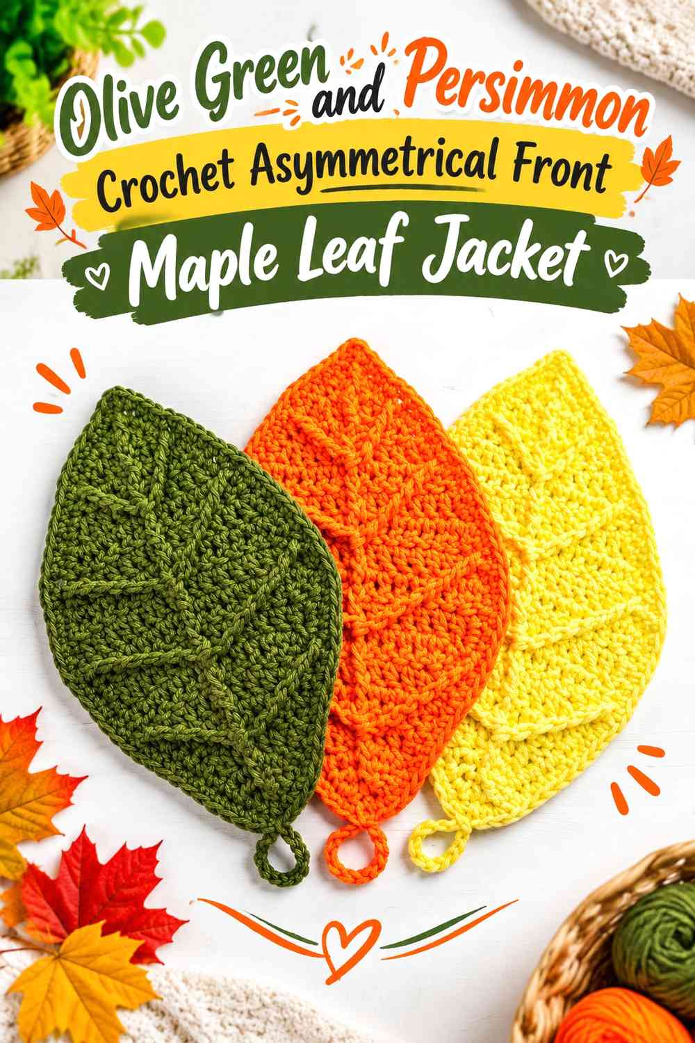 Olive Green and Persimmon Crochet Asymmetrical Front Maple Leaf Jacket