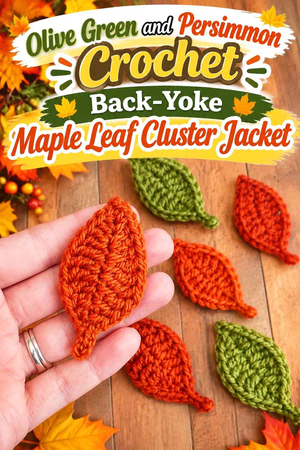 Olive Green and Persimmon Crochet Back-Yoke Maple Leaf Cluster Jacket