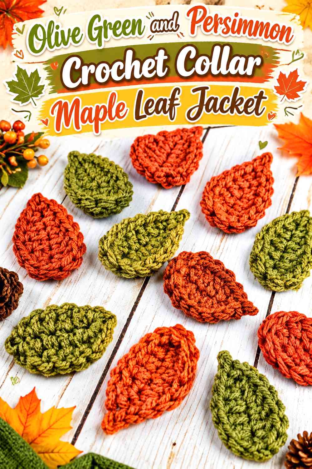 Olive Green and Persimmon Crochet Collar Maple Leaf Jacket