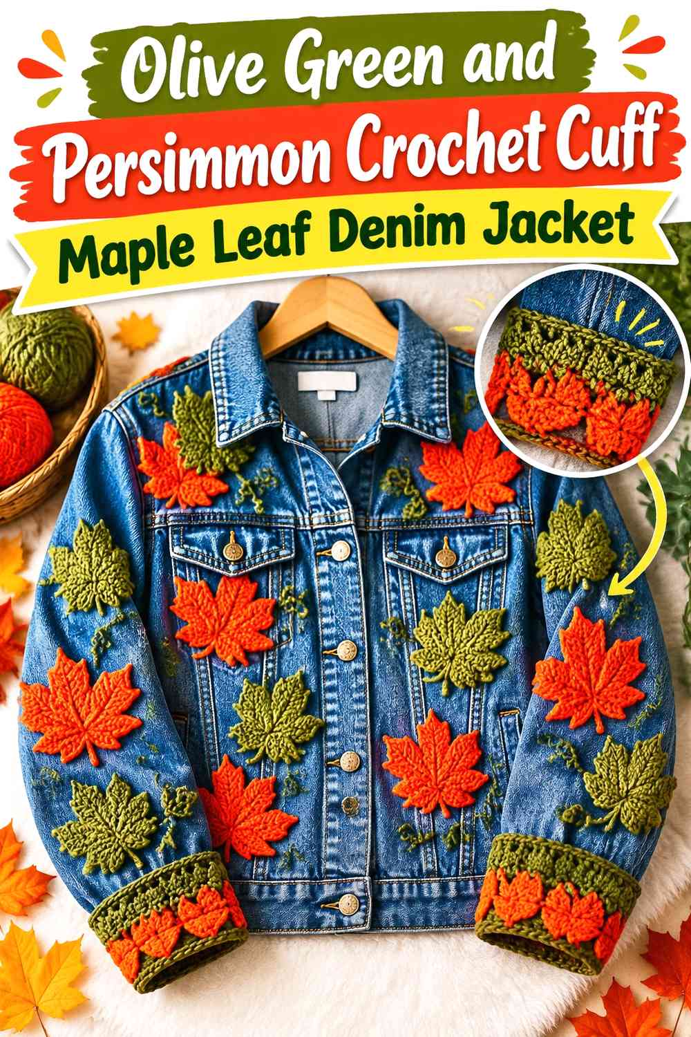 Olive Green and Persimmon Crochet Cuff Maple Leaf Denim Jacket