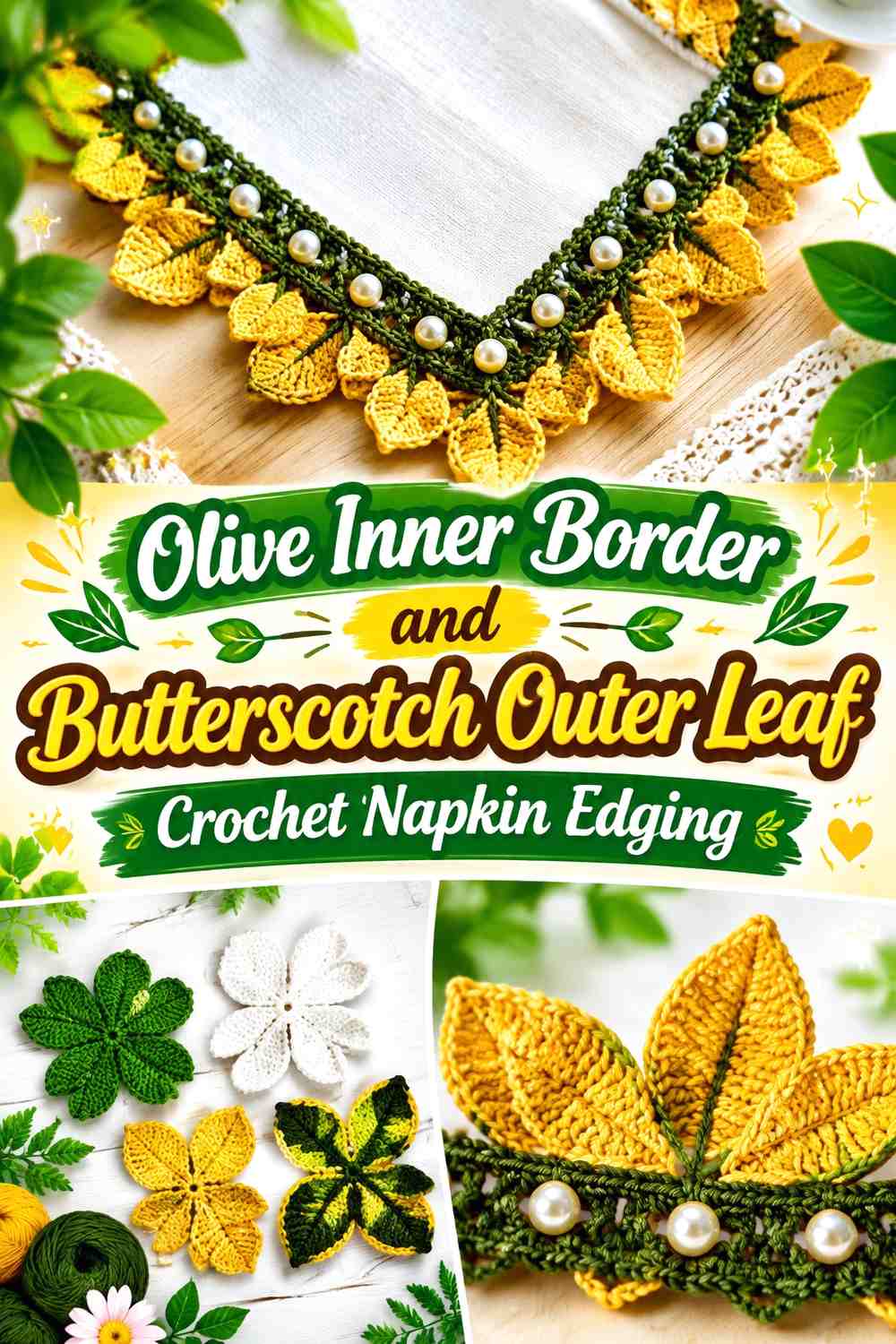Olive Inner Border and Butterscotch Outer Leaf Crochet Napkin Edging