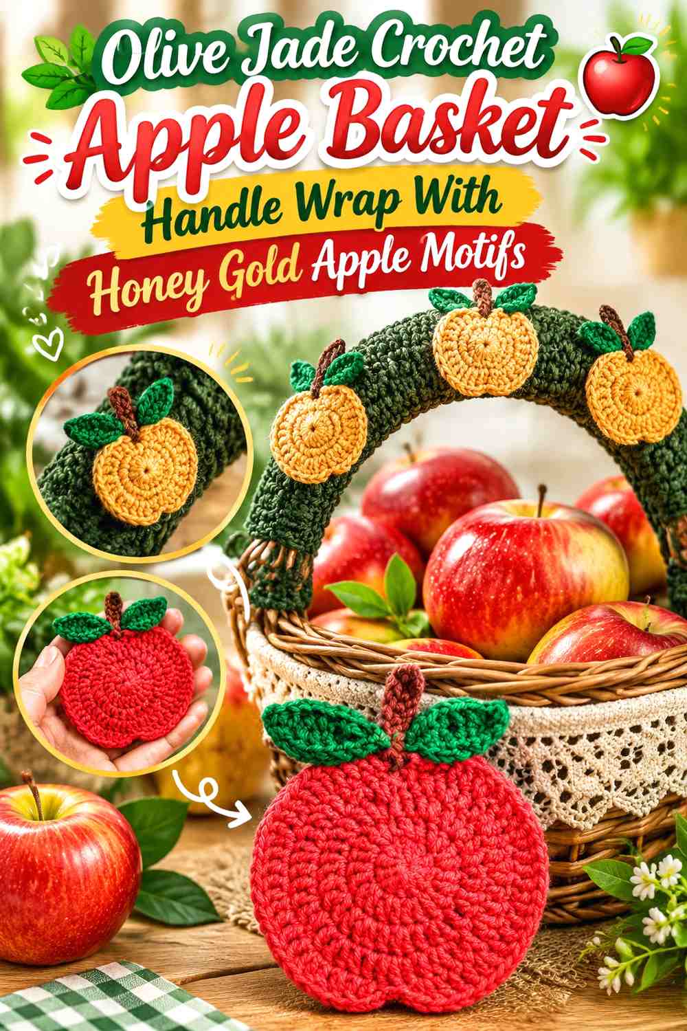Olive Jade Crochet Apple Basket Handle Wrap With Honey Gold Apple Motifs