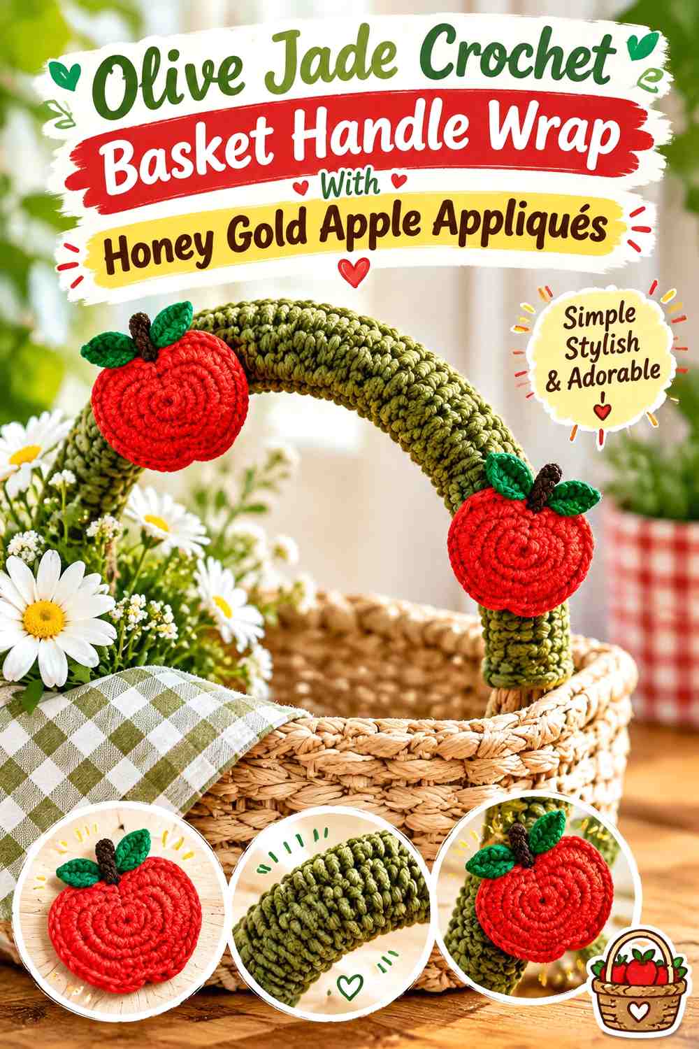 Olive Jade Crochet Basket Handle Wrap With Honey Gold Apple Appliqués