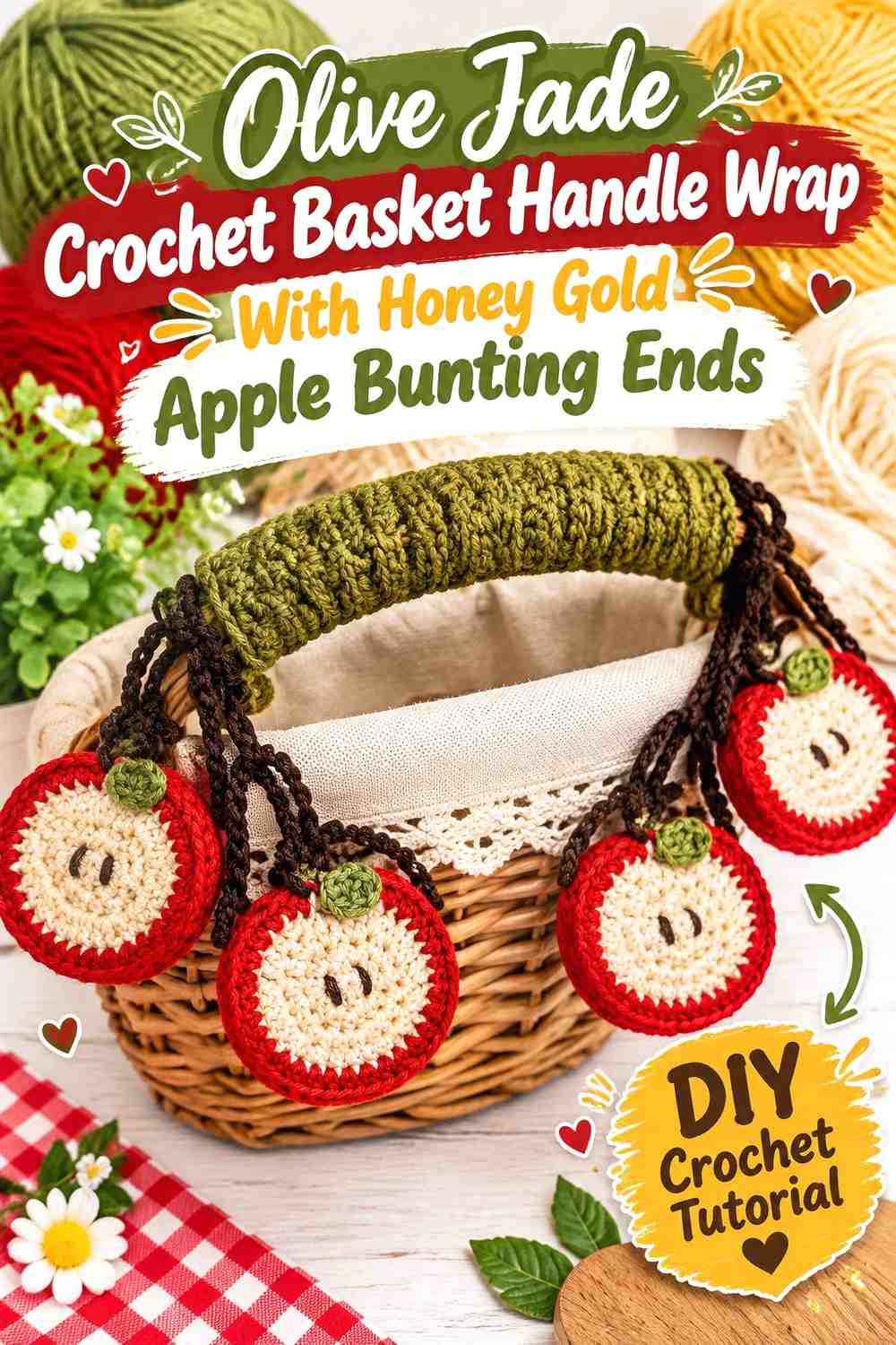 Olive Jade Crochet Basket Handle Wrap With Honey Gold Apple Bunting Ends