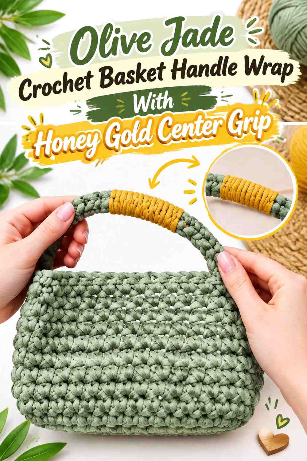 Olive Jade Crochet Basket Handle Wrap With Honey Gold Center Grip