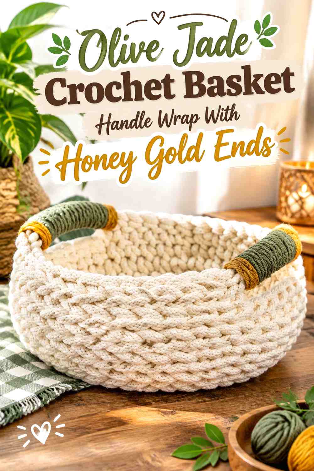 Olive Jade Crochet Basket Handle Wrap With Honey Gold Ends