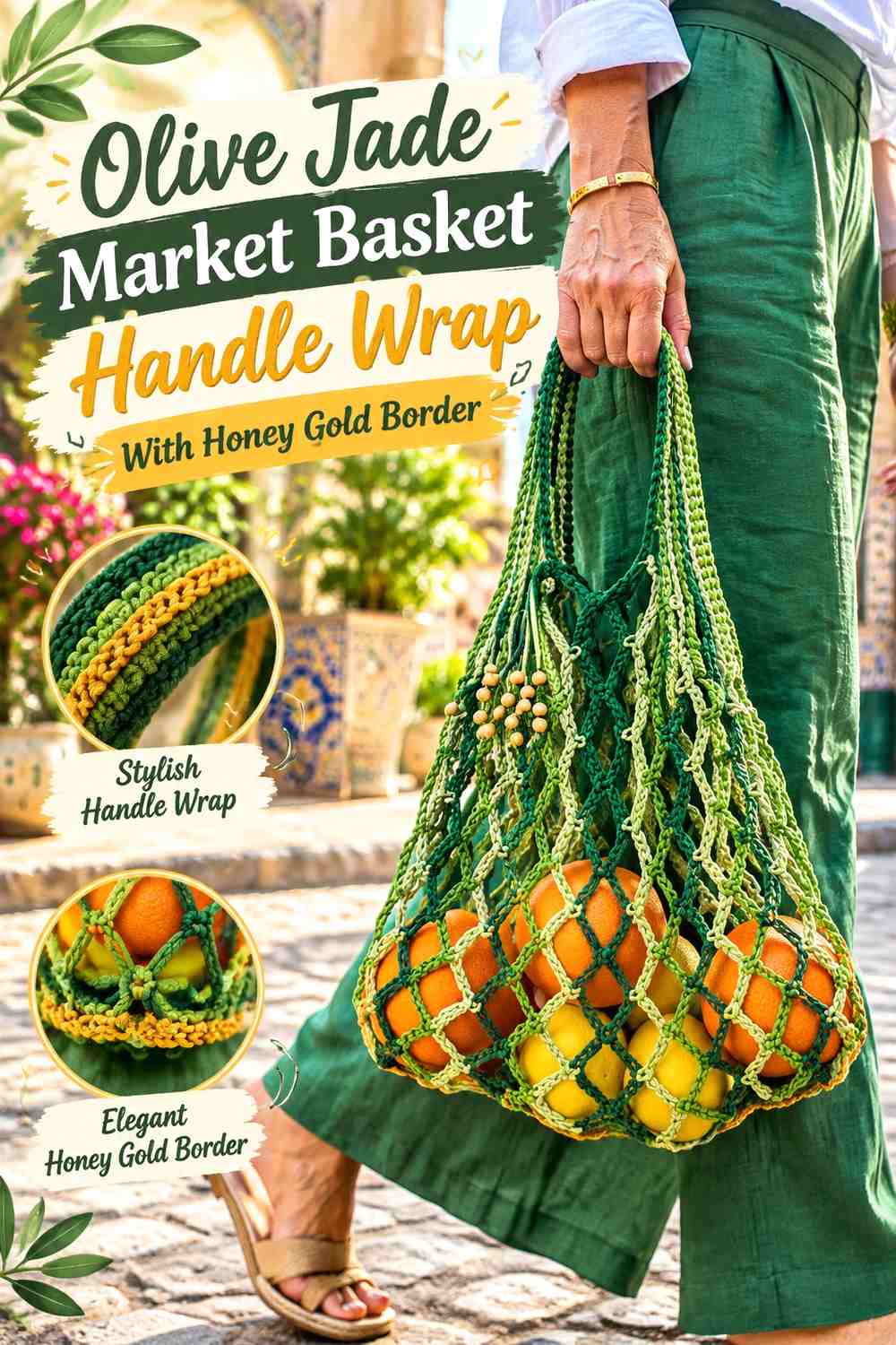 Olive Jade Market Basket Handle Wrap With Honey Gold Border