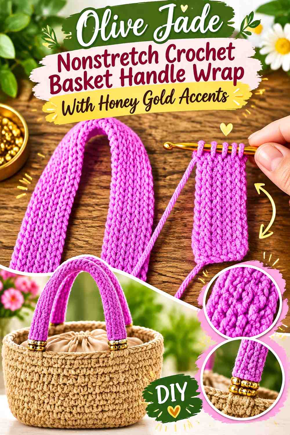Olive Jade Nonstretch Crochet Basket Handle Wrap With Honey Gold Accents
