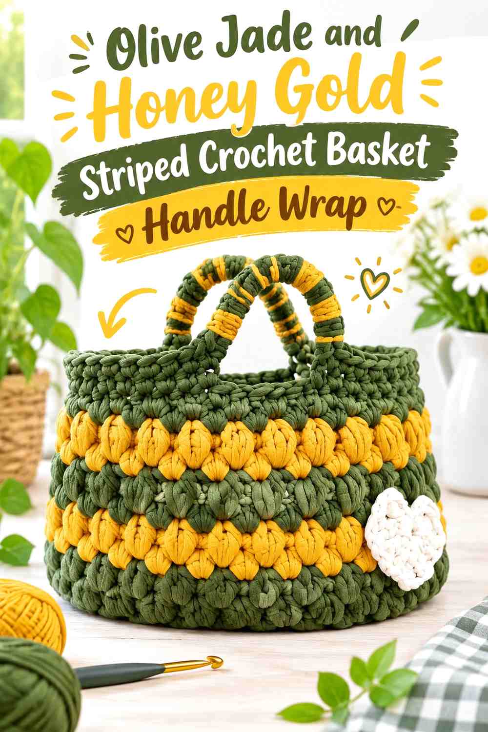 Olive Jade and Honey Gold Striped Crochet Basket Handle Wrap