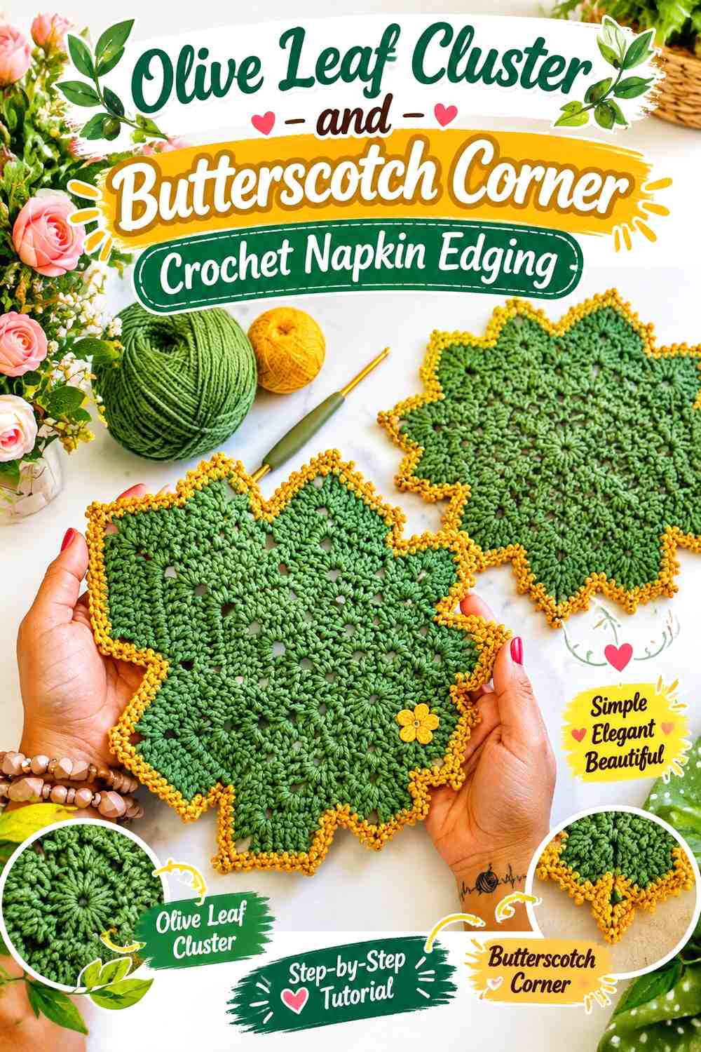 Olive Leaf Cluster and Butterscotch Corner Crochet Napkin Edging