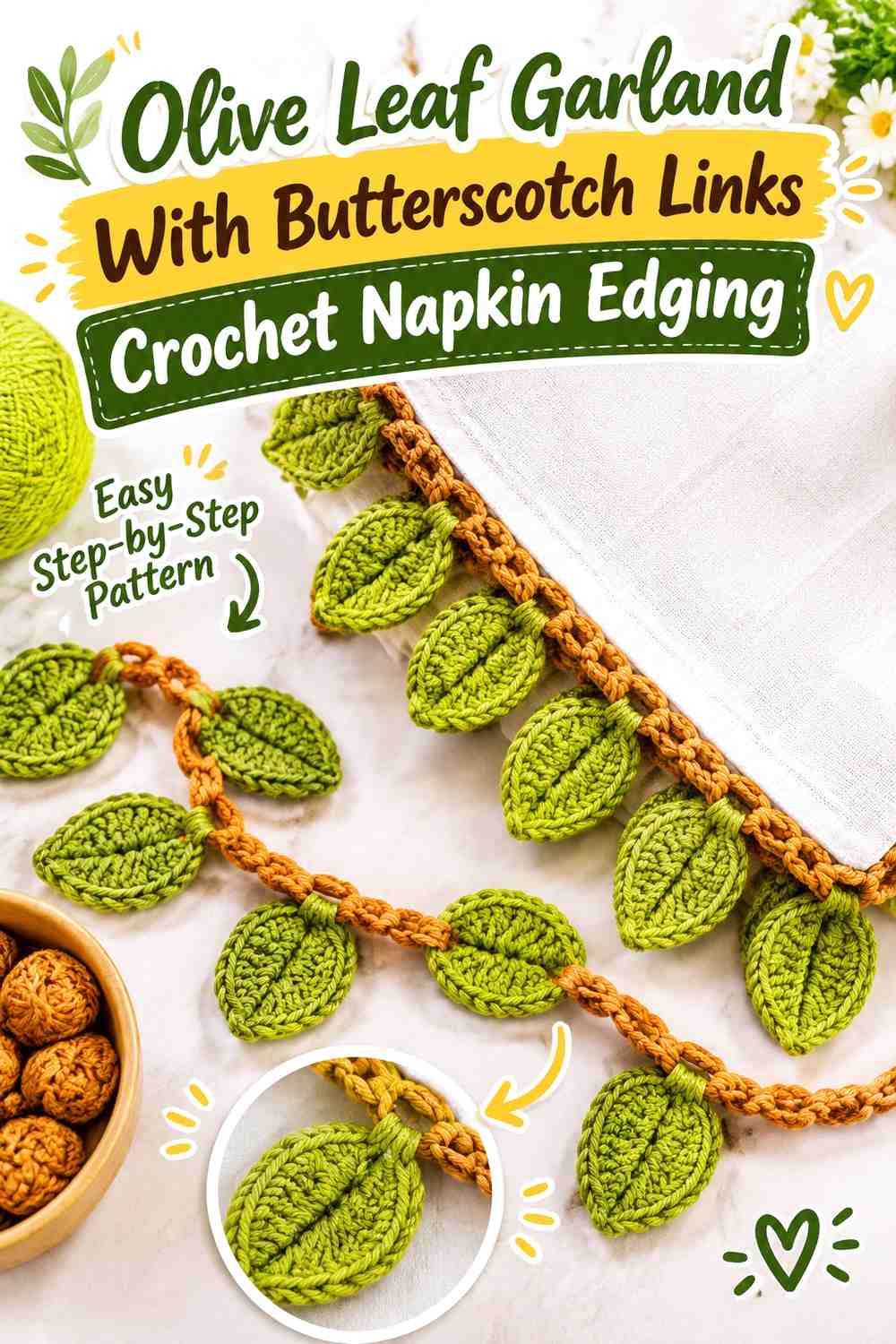 Olive Leaf Garland With Butterscotch Links Crochet Napkin Edging
