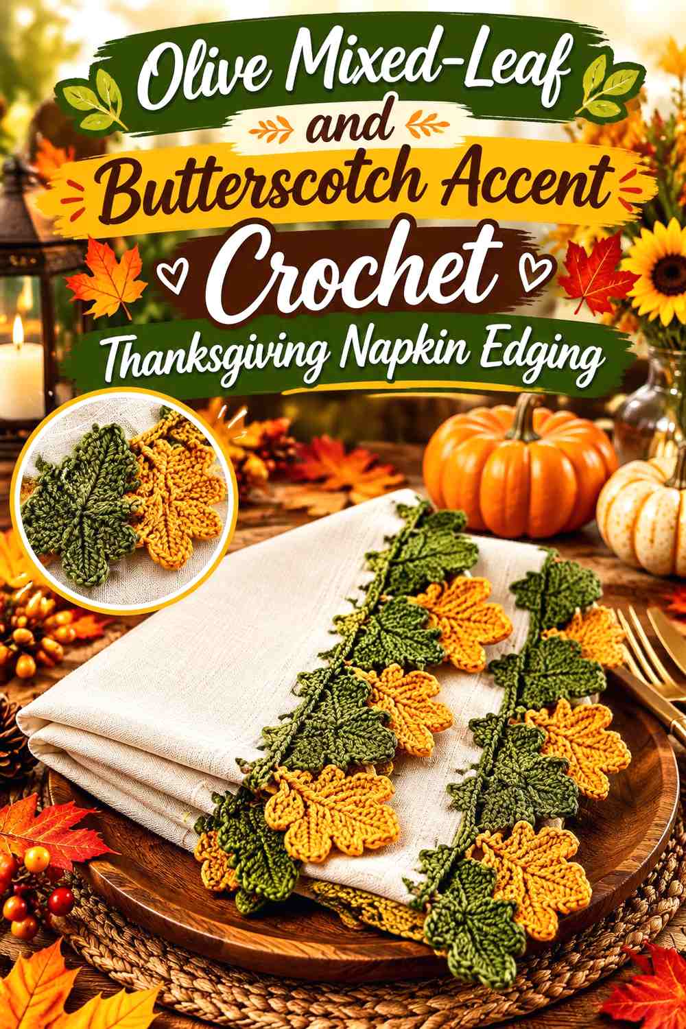 Olive Mixed-Leaf and Butterscotch Accent Crochet Thanksgiving Napkin Edging