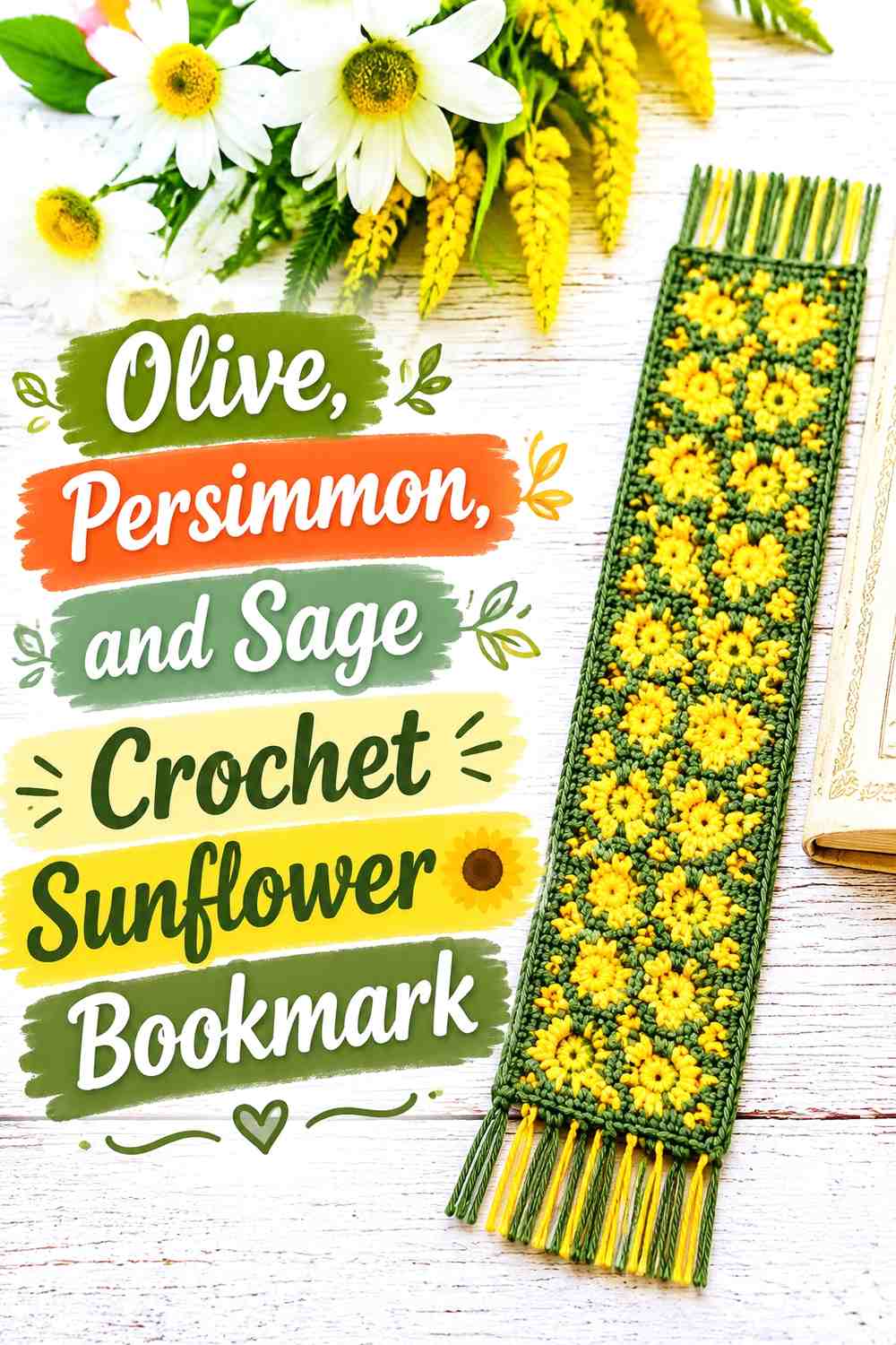 Olive, Persimmon, and Sage Crochet Sunflower Bookmark