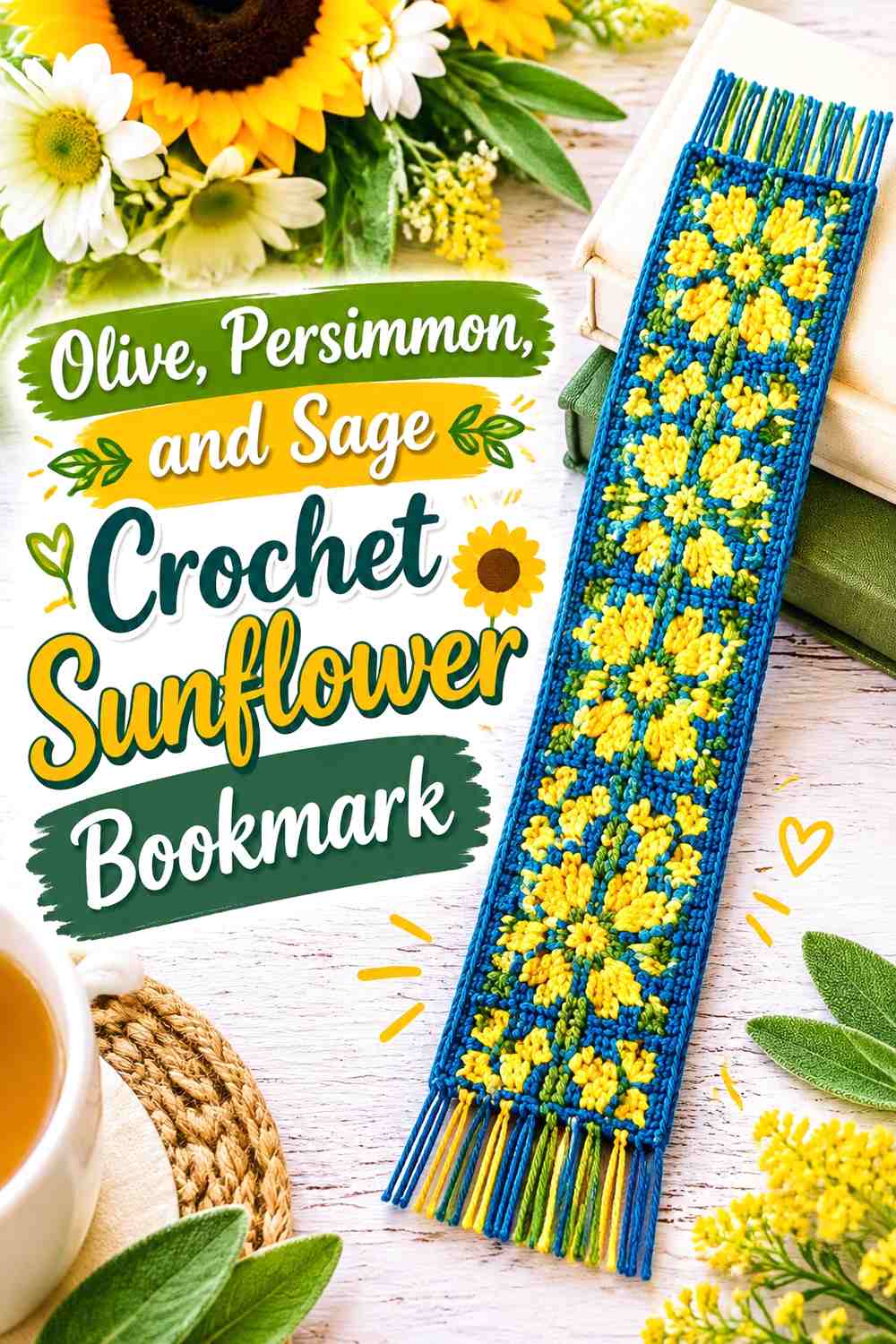Olive, Persimmon, and Sage Crochet Sunflower Bookmark