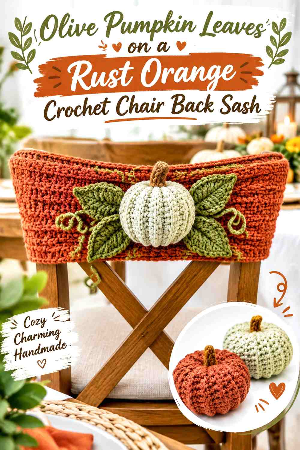 Olive Pumpkin Leaves on a Rust Orange Crochet Chair Back Sash