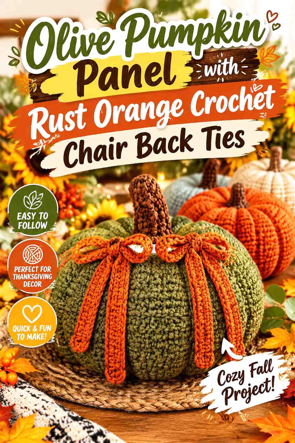 Olive Pumpkin Panel with Rust Orange Crochet Chair Back Ties
