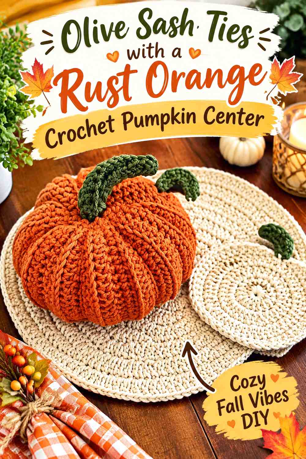 Olive Sash Ties with a Rust Orange Crochet Pumpkin Center
