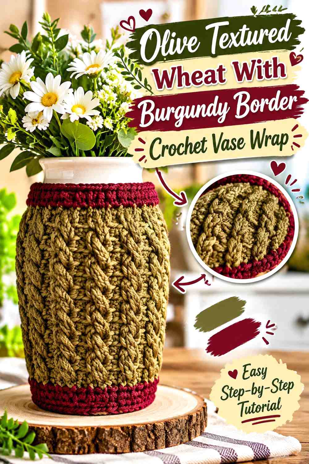 Olive Textured Wheat With Burgundy Border Crochet Vase Wrap