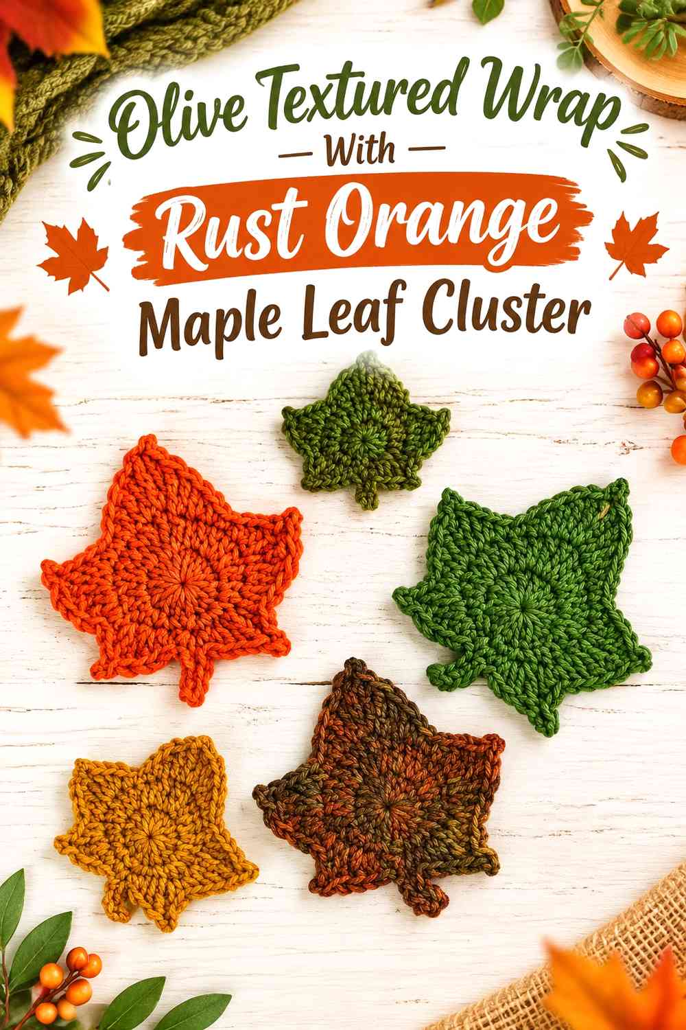 Olive Textured Wrap With Rust Orange Maple Leaf Cluster