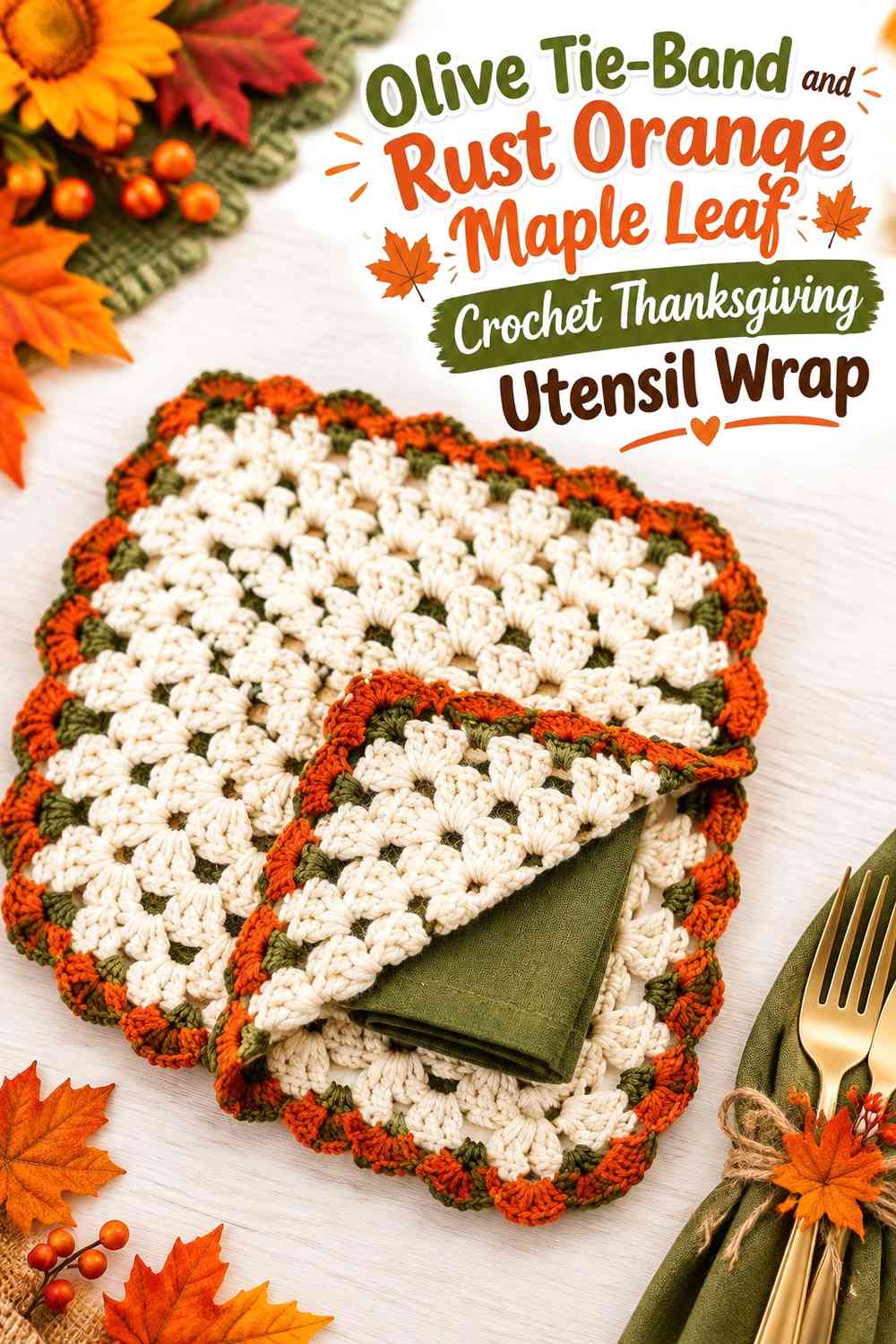 Olive Tie-Band and Rust Orange Maple Leaf Crochet Thanksgiving Utensil Wrap