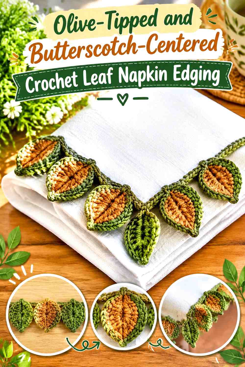 Olive-Tipped and Butterscotch-Centered Crochet Leaf Napkin Edging