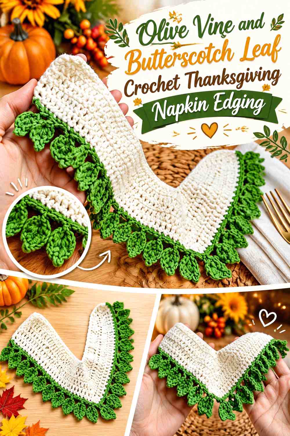 Olive Vine and Butterscotch Leaf Crochet Thanksgiving Napkin Edging