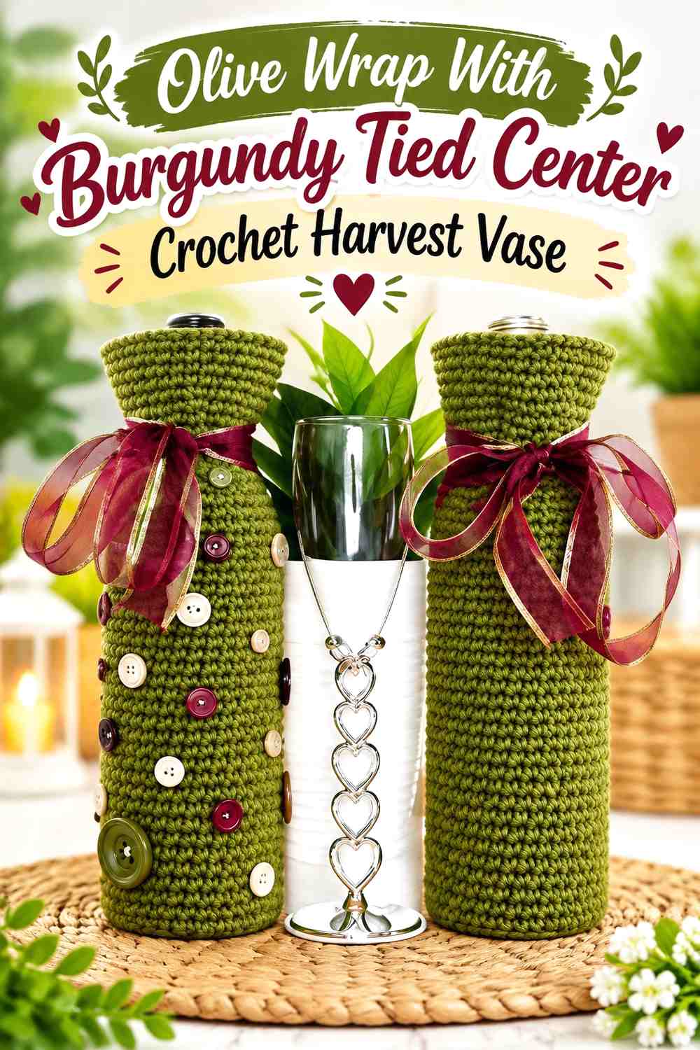 Olive Wrap With Burgundy Tied Center Crochet Harvest Vase