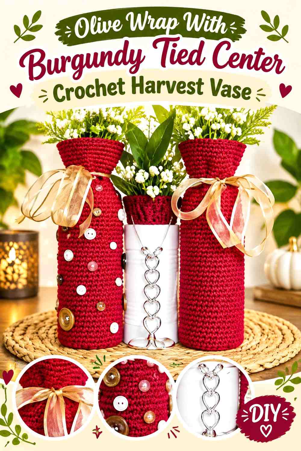Olive Wrap With Burgundy Tied Center Crochet Harvest Vase