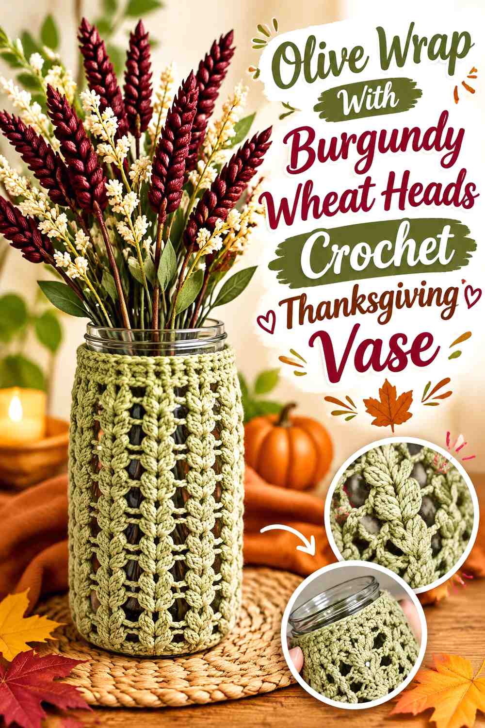 Olive Wrap With Burgundy Wheat Heads Crochet Thanksgiving Vase