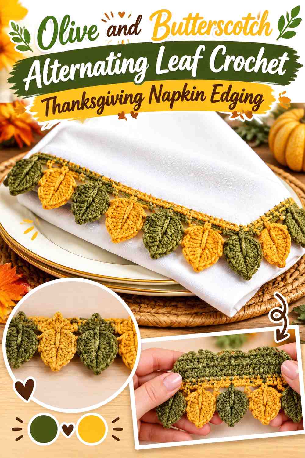 Olive and Butterscotch Alternating Leaf Crochet Thanksgiving Napkin Edging