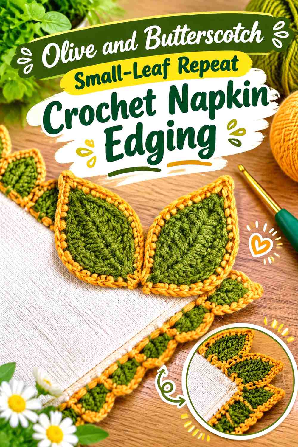 Olive and Butterscotch Small-Leaf Repeat Crochet Napkin Edging