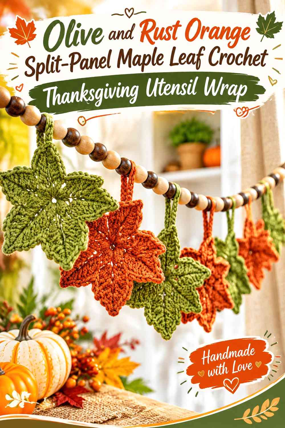 Olive and Rust Orange Split-Panel Maple Leaf Crochet Thanksgiving Utensil Wrap