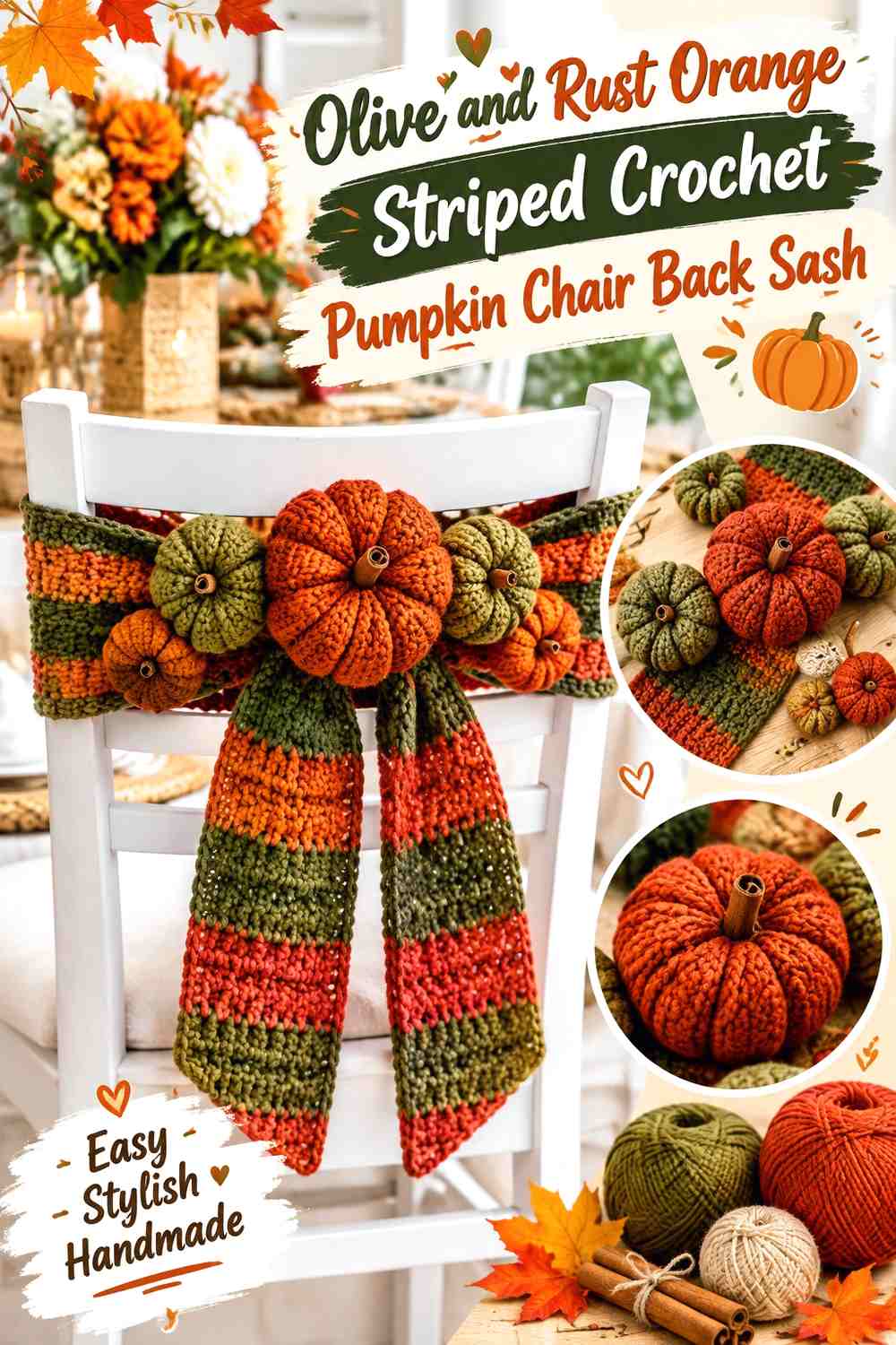 Olive and Rust Orange Striped Crochet Pumpkin Chair Back Sash