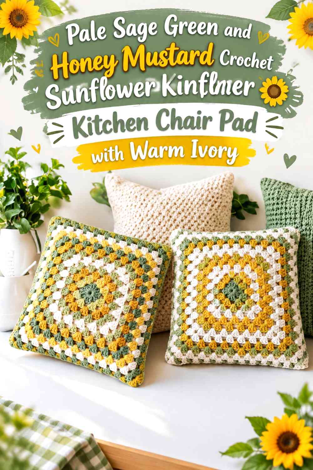 Pale Sage Green and Honey Mustard Crochet Sunflower Kitchen Chair Pad with Warm Ivory