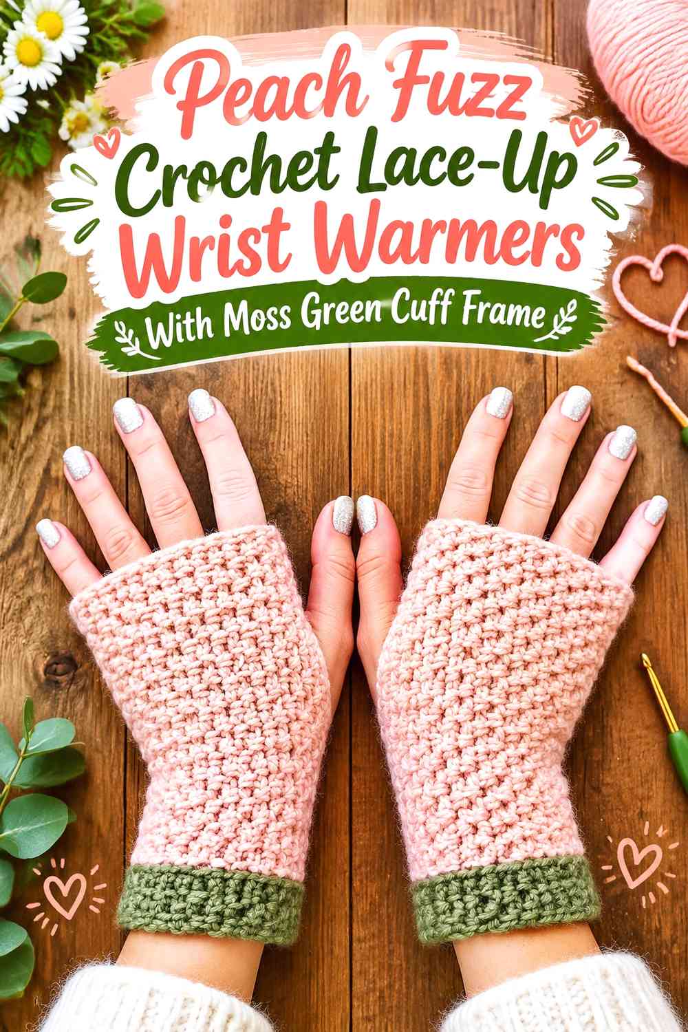 Peach Fuzz Crochet Lace-Up Wrist Warmers With Moss Green Cuff Frame